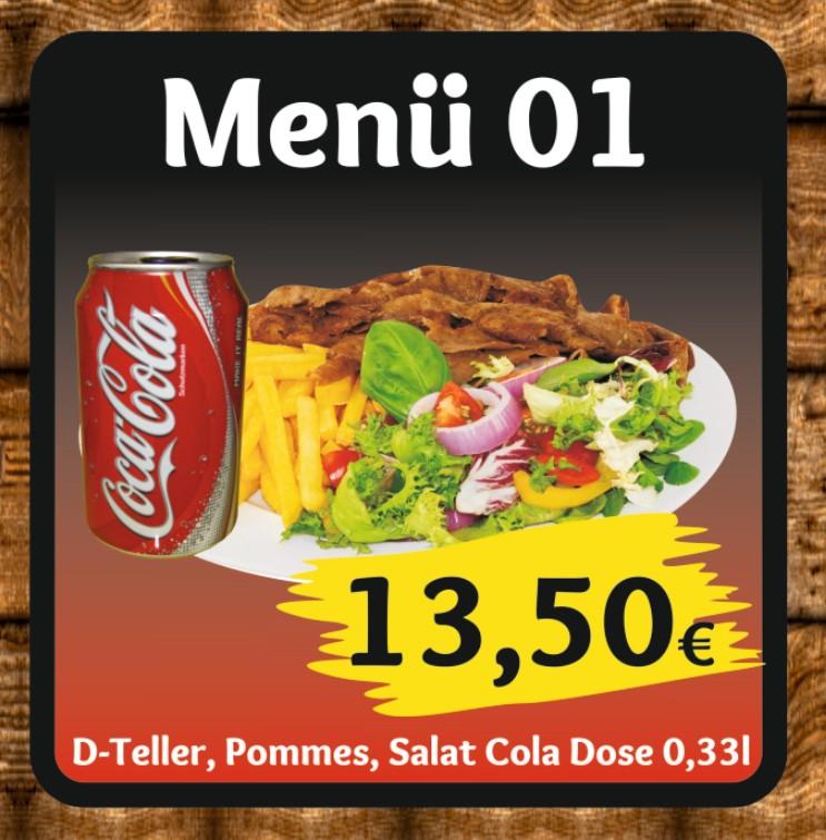 Menü 01 – D-Teller, Pommes, Salat, Cola 0,33l – 13,50 €