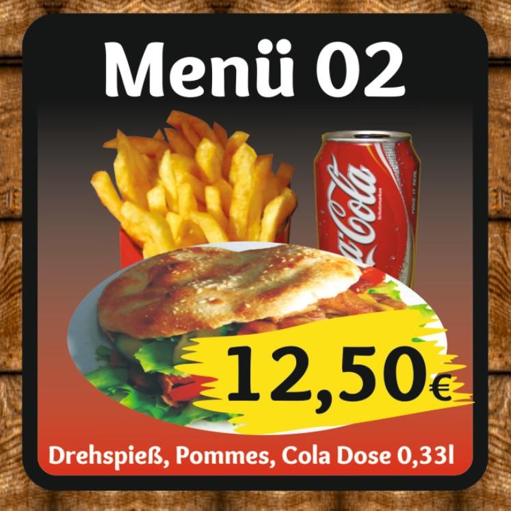 Menü 02 – Drehspieß, Pommes, Cola 0,33l – 12,50 €