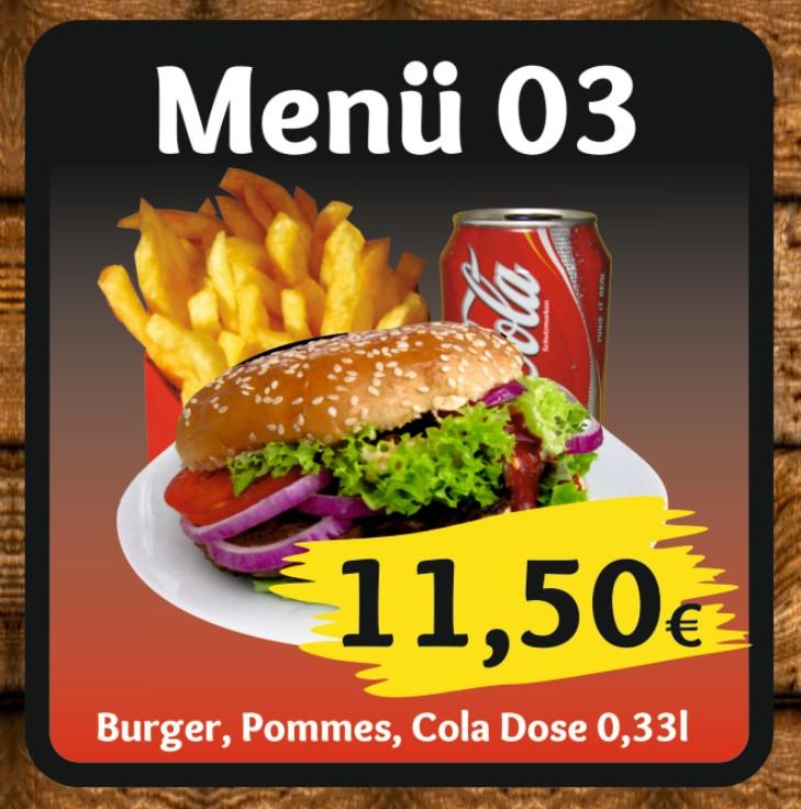 Menü 03 – Burger, Pommes, Cola 0,33l – 11,50 €