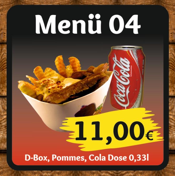 Menü 04 – D-Box, Pommes, Cola 0,33l – 11,00 €